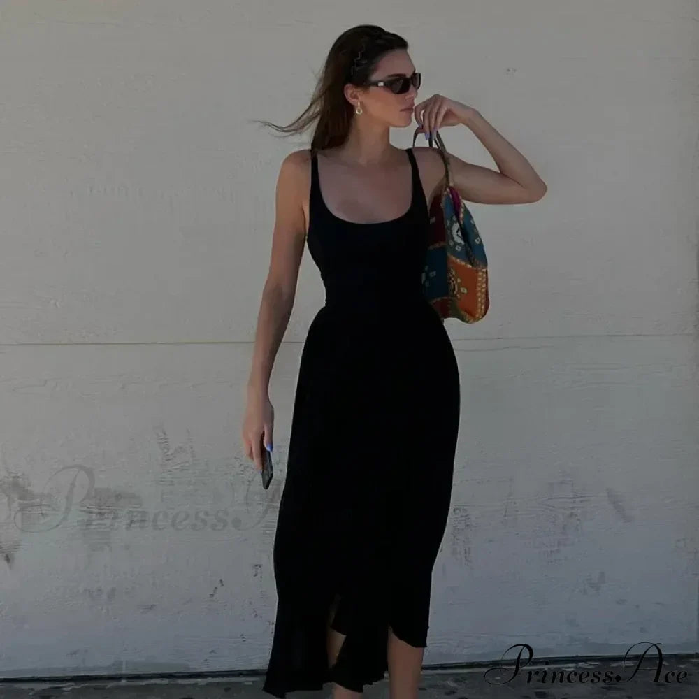 A Line Sleeveless O Neck Summer Casual Party Beach Club Midi Dress