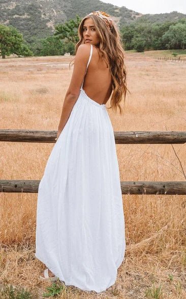 A Line Spaghetti Chiffon Lace Floor-length Sleeveless Wedding Dress