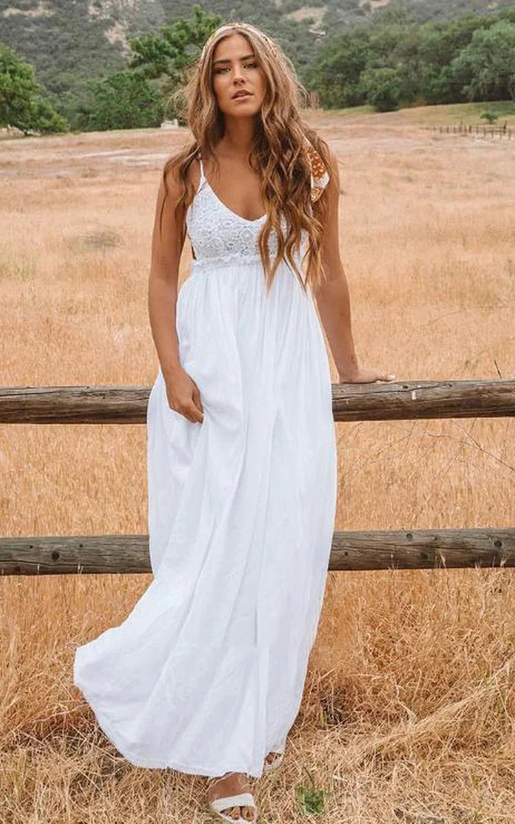 A Line Spaghetti Chiffon Lace Floor-length Sleeveless Wedding Dress