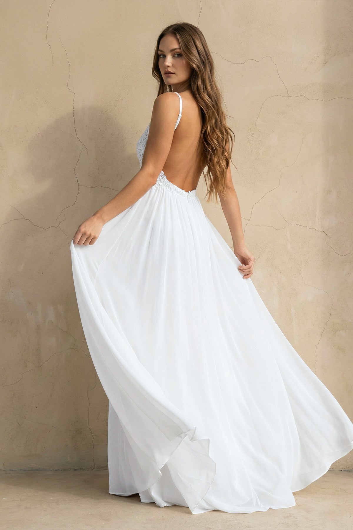 A Line Spaghetti Chiffon Lace Floor-length Sleeveless Wedding Dress