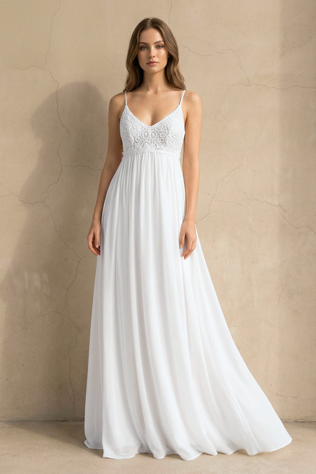 A Line Spaghetti Chiffon Lace Floor-length Sleeveless Wedding Dress