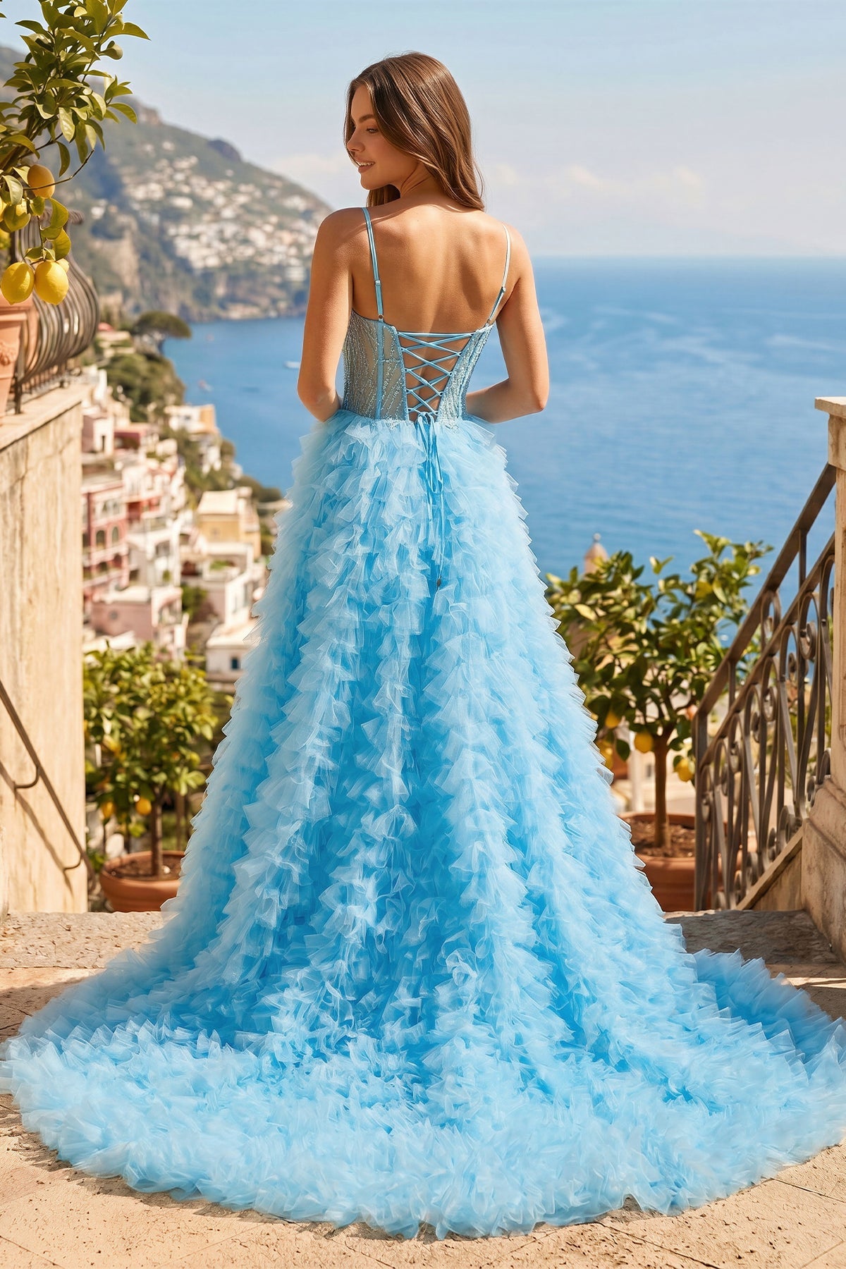 A Line Spaghetti Straps Corset Ruffled Prom Dress
