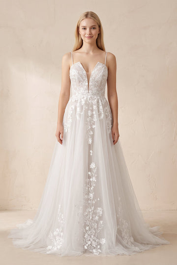 A Line Spaghetti Straps Deep V Neck White Lace Appliques Wedding Dress