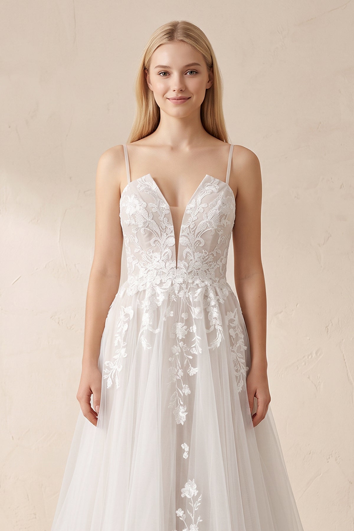 A Line Spaghetti Straps Deep V Neck White Lace Appliques Wedding Dress