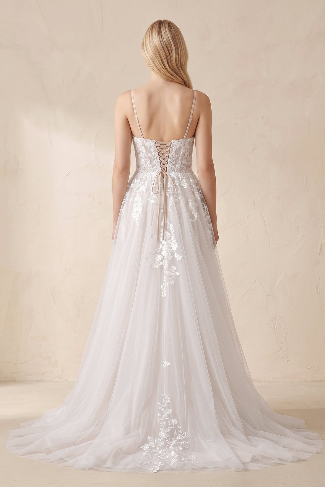 A Line Spaghetti Straps Deep V Neck White Lace Appliques Wedding Dress