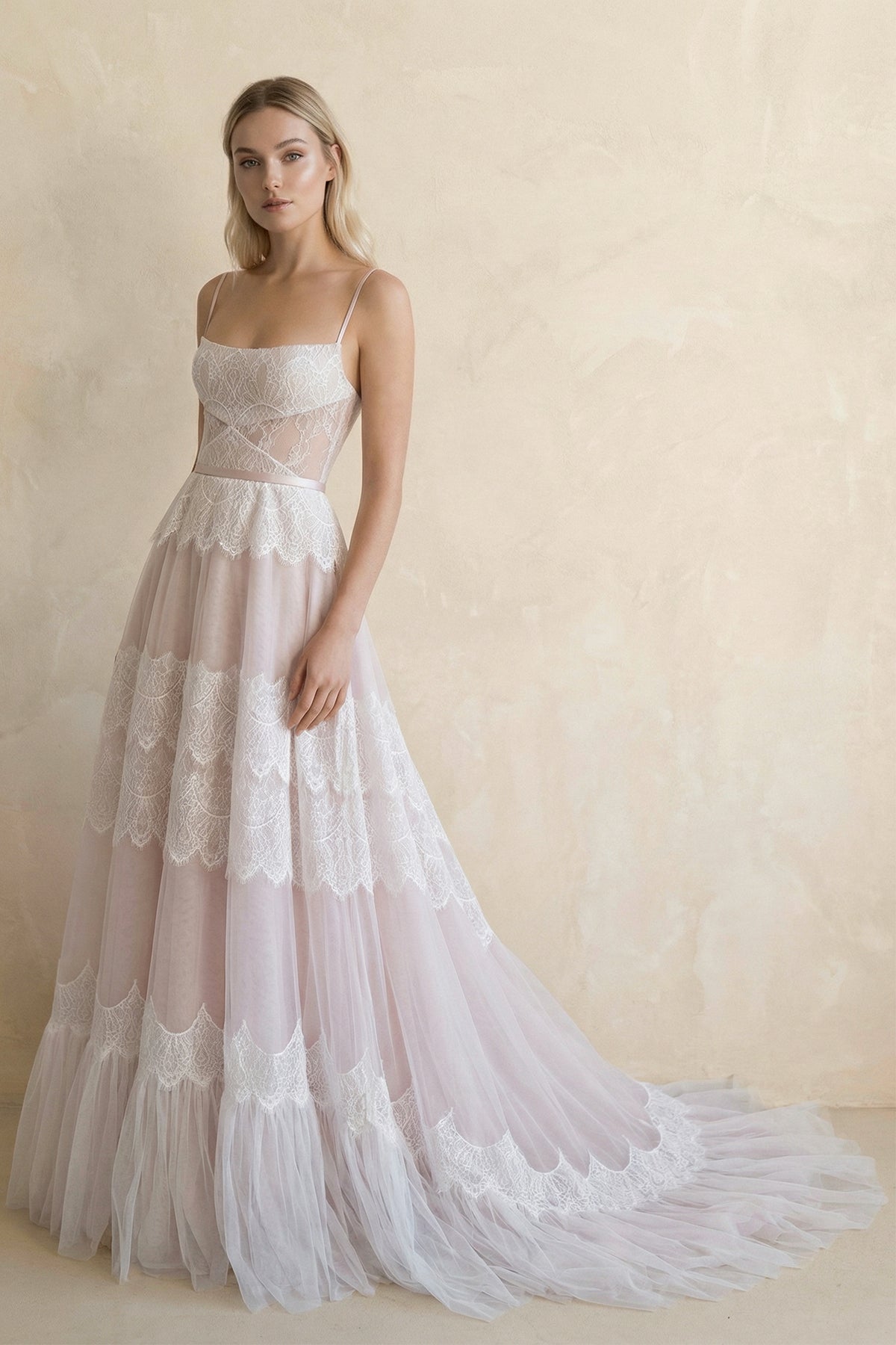 A Line Lace Spaghetti Straps Sleeveless Boho Wedding Dress