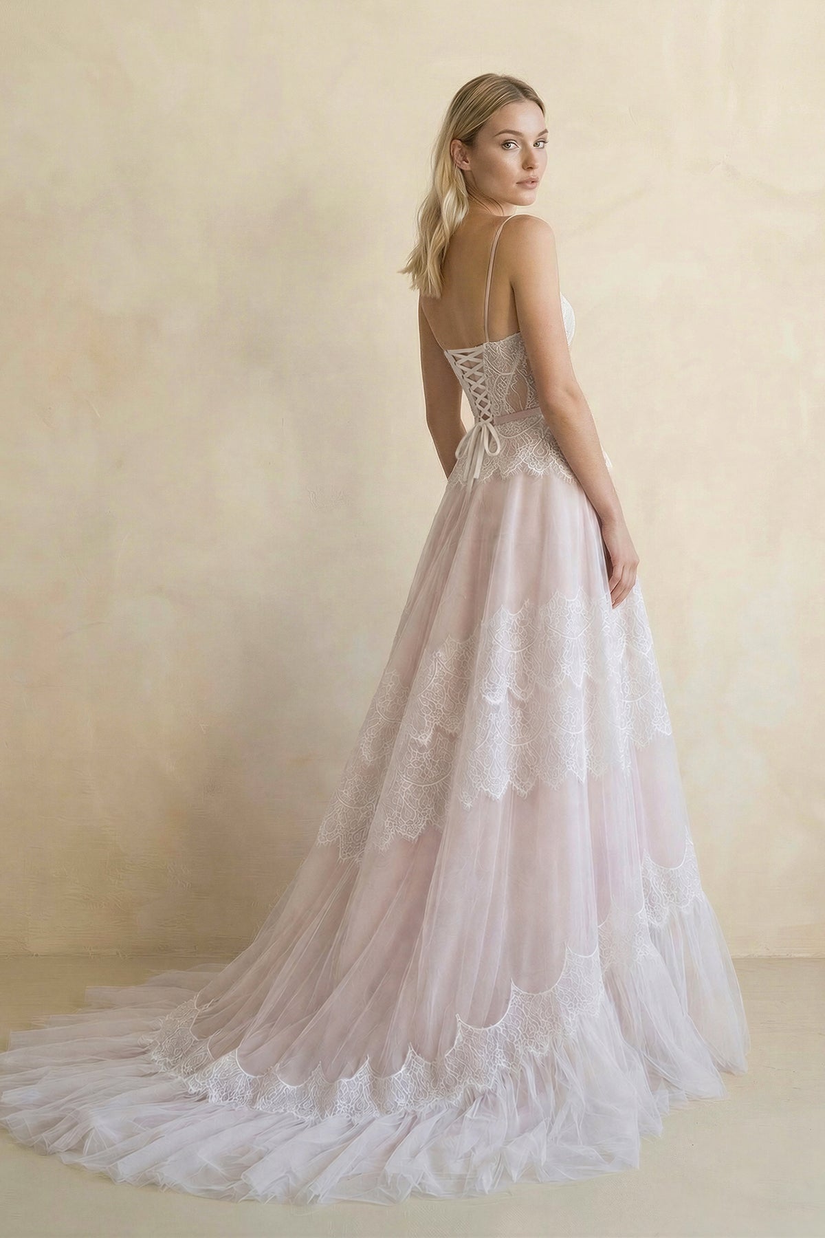 A Line Lace Spaghetti Straps Sleeveless Boho Wedding Dress