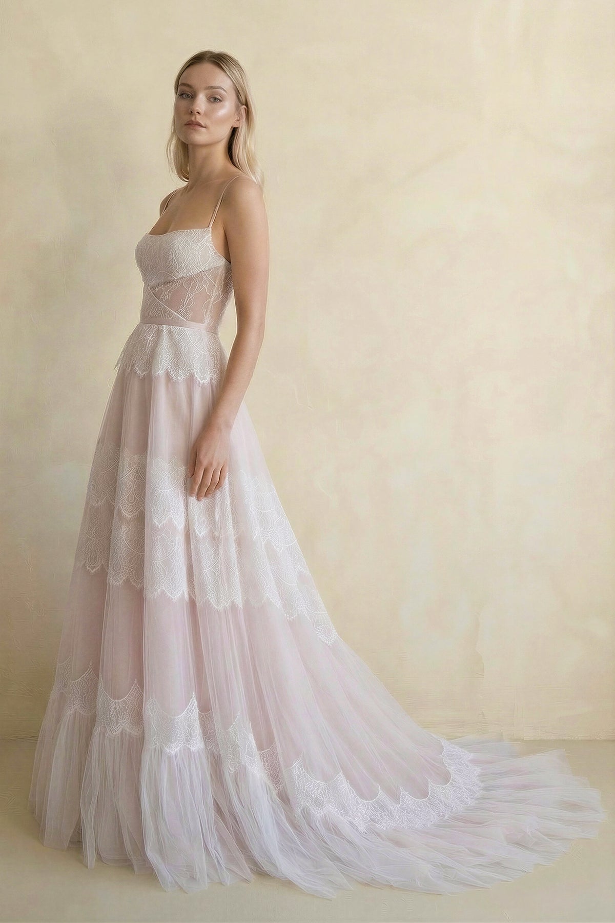 A Line Lace Spaghetti Straps Sleeveless Boho Wedding Dress