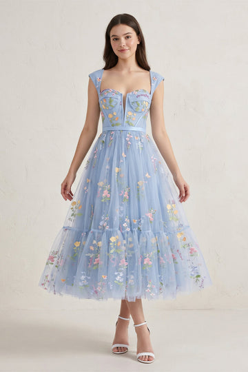 A Line Sweetheart Dusty Blue Long Prom Dress with Embroidery