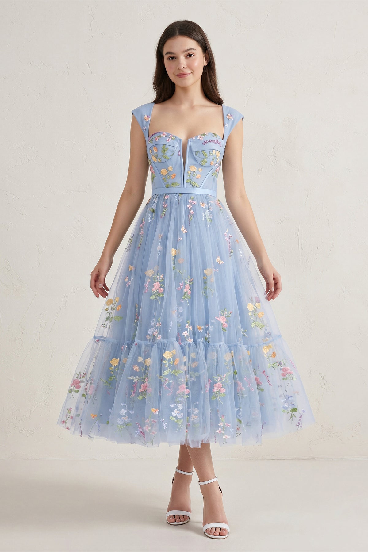 A Line Sweetheart Dusty Blue Long Prom Dress with Embroidery