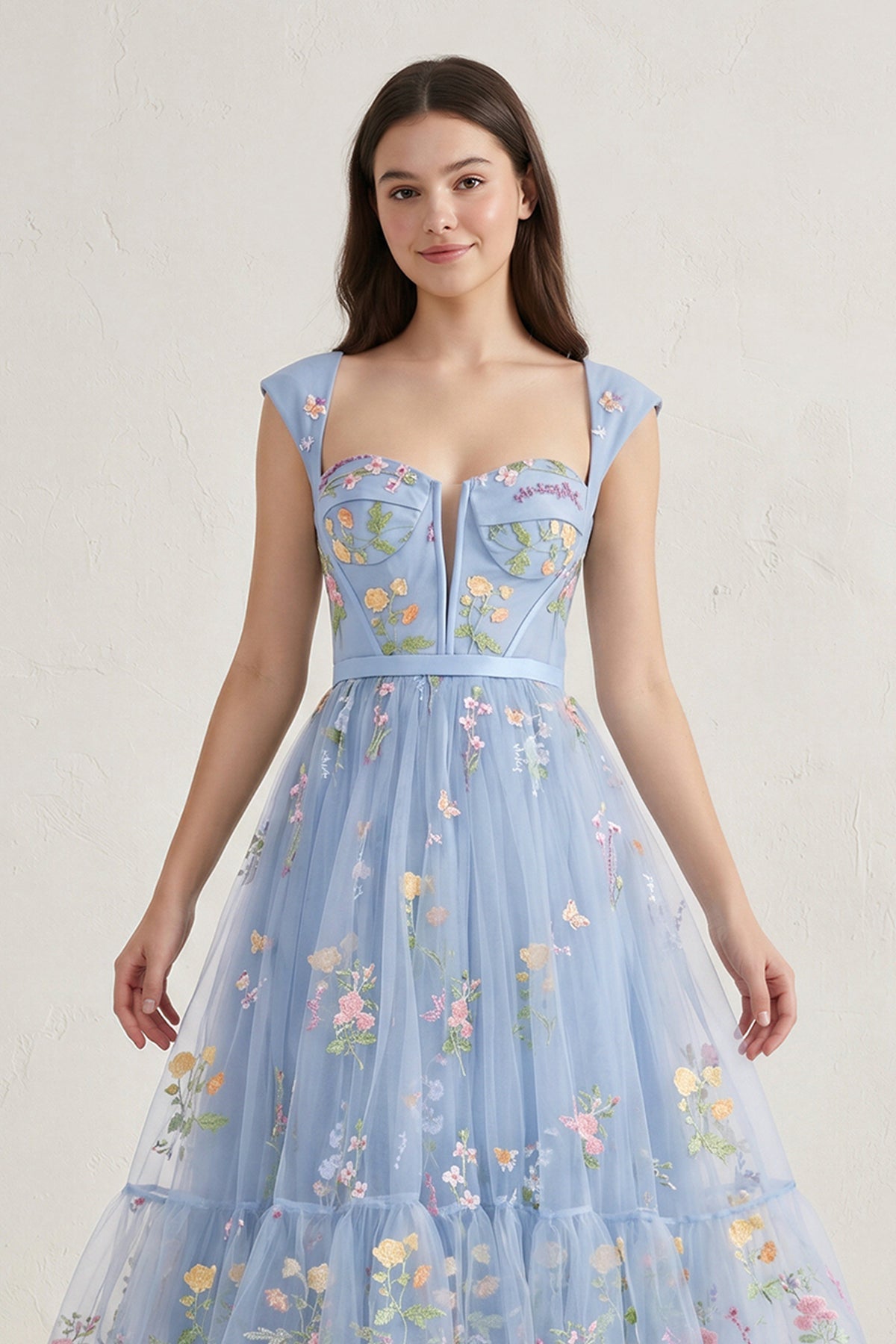 A Line Sweetheart Dusty Blue Long Prom Dress with Embroidery
