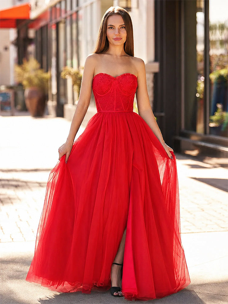 A Line Sweetheart Corset Tulle Prom Dress with Slit