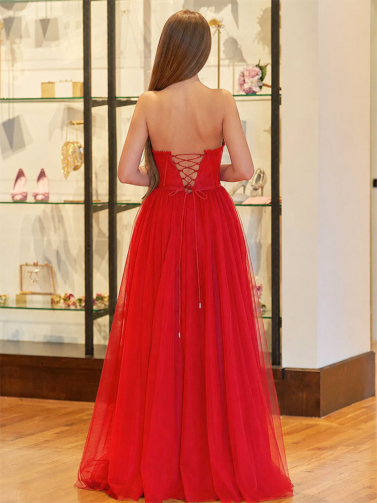 A Line Sweetheart Corset Tulle Prom Dress with Slit