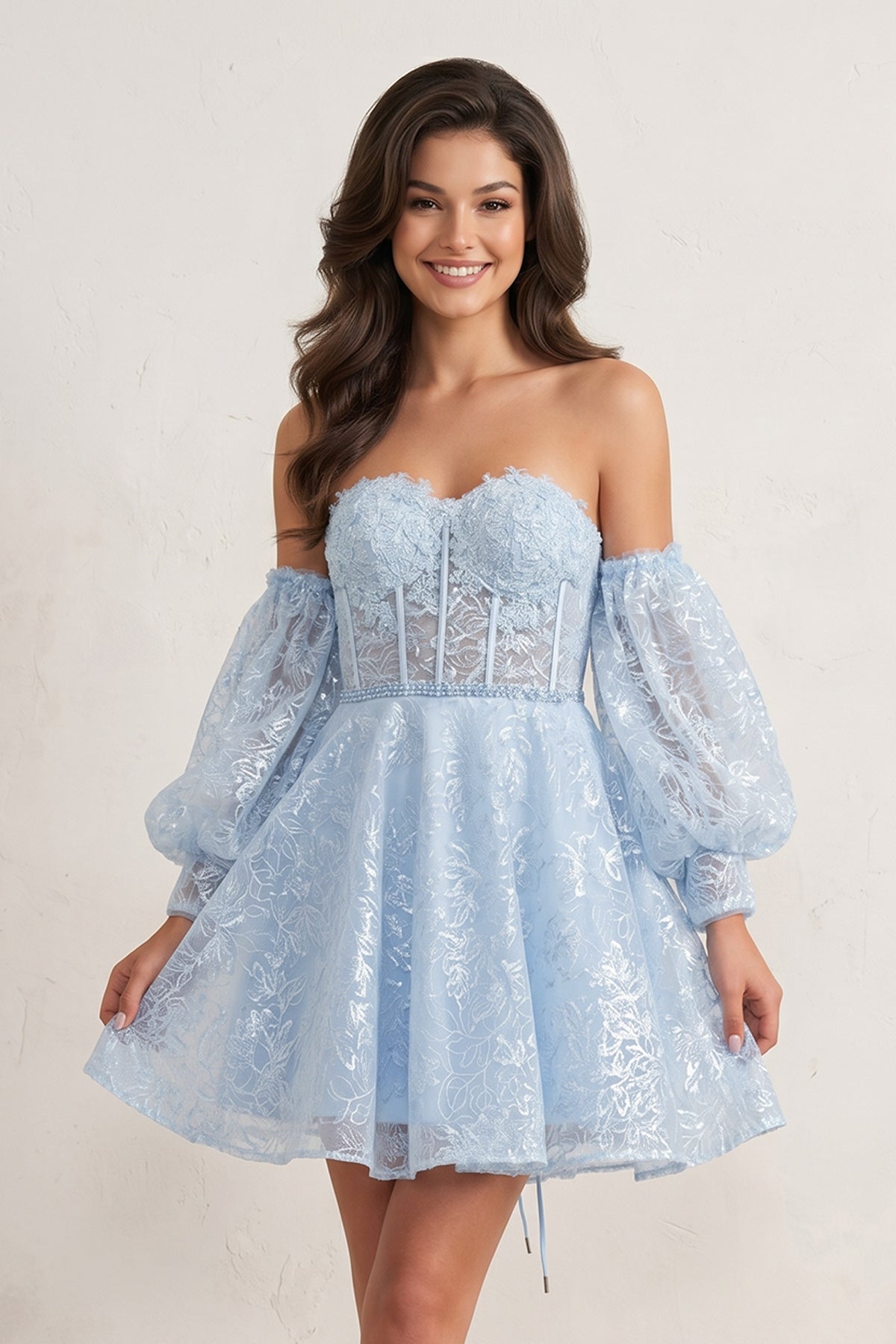 A Line Sweetheart Corset Homecoming Dress with Sleeves