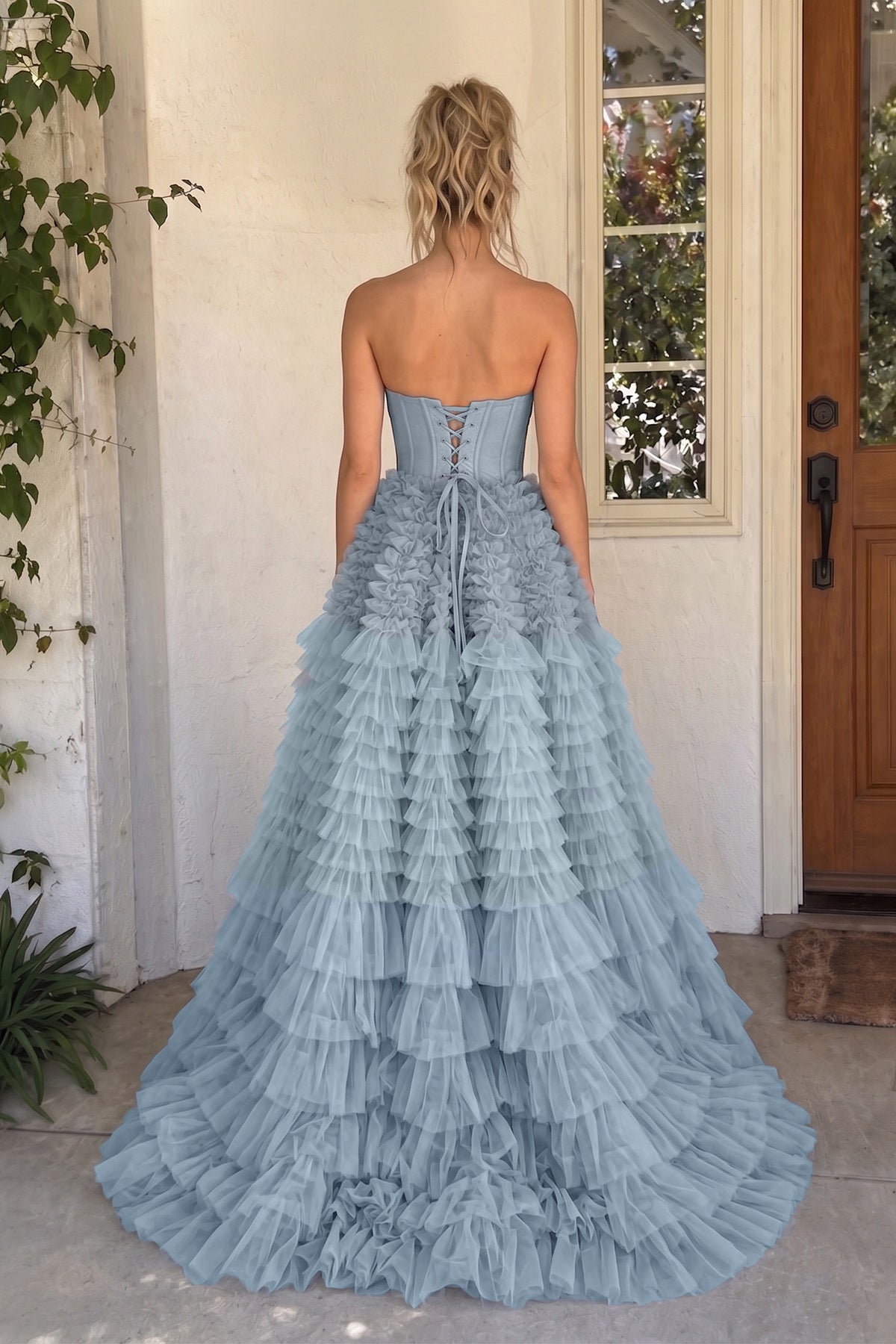 A Line Sweetheart Tiered Ruffled Tulle Long Prom Dress