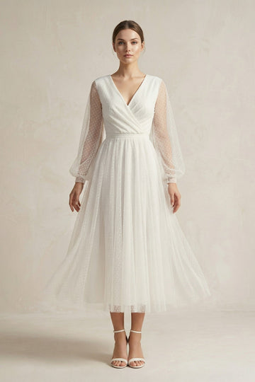 A Line Tulle Long Sleeves Wedding Dress in Ivory