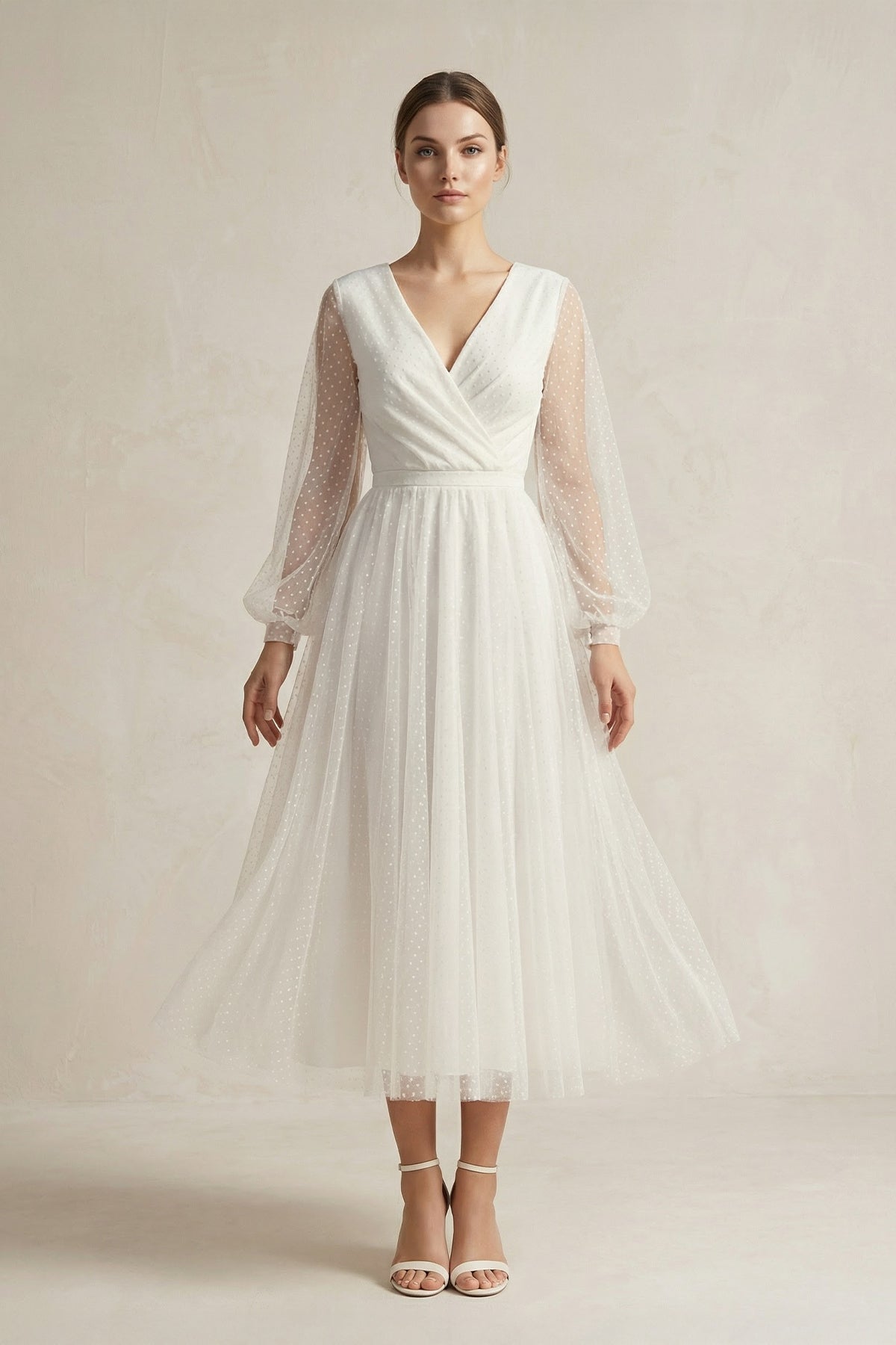 A Line Tulle Long Sleeves Wedding Dress in Ivory