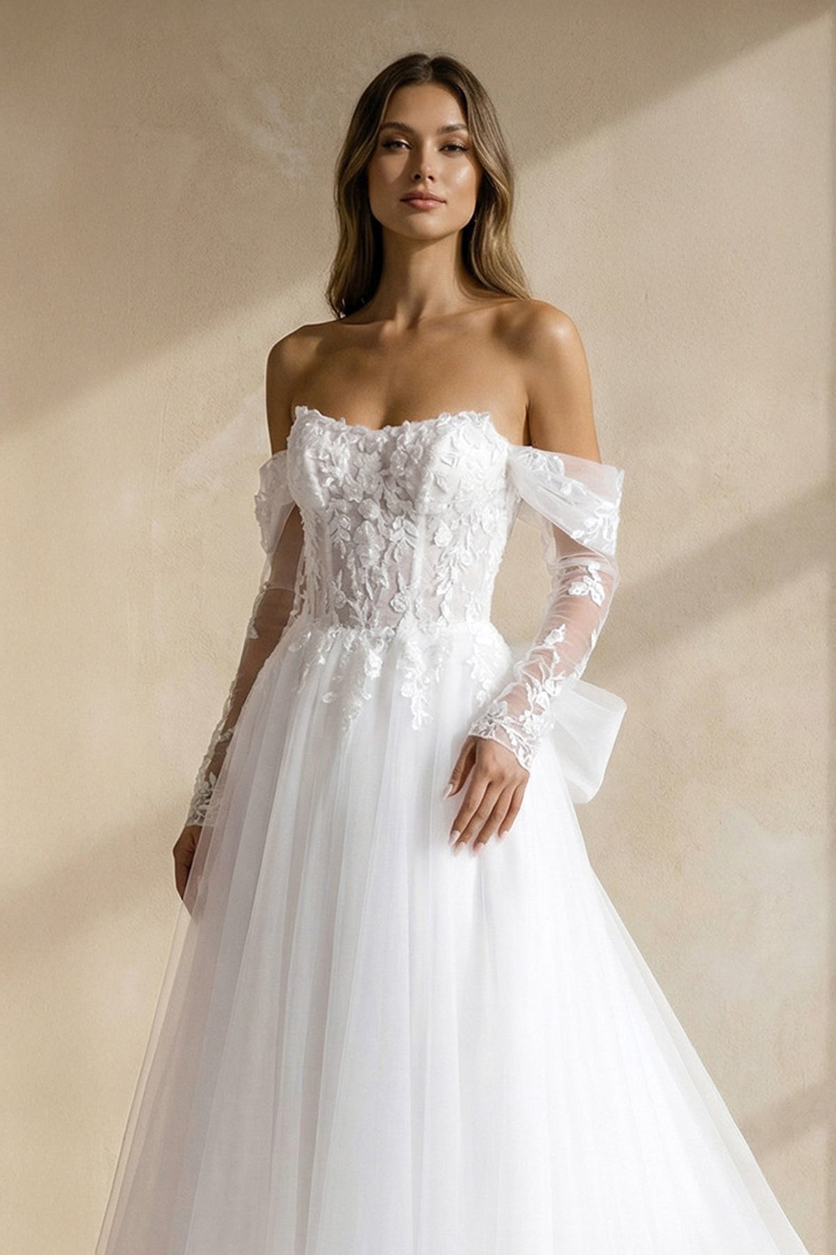 A Line Tulle Wedding Dress With Appliques in White