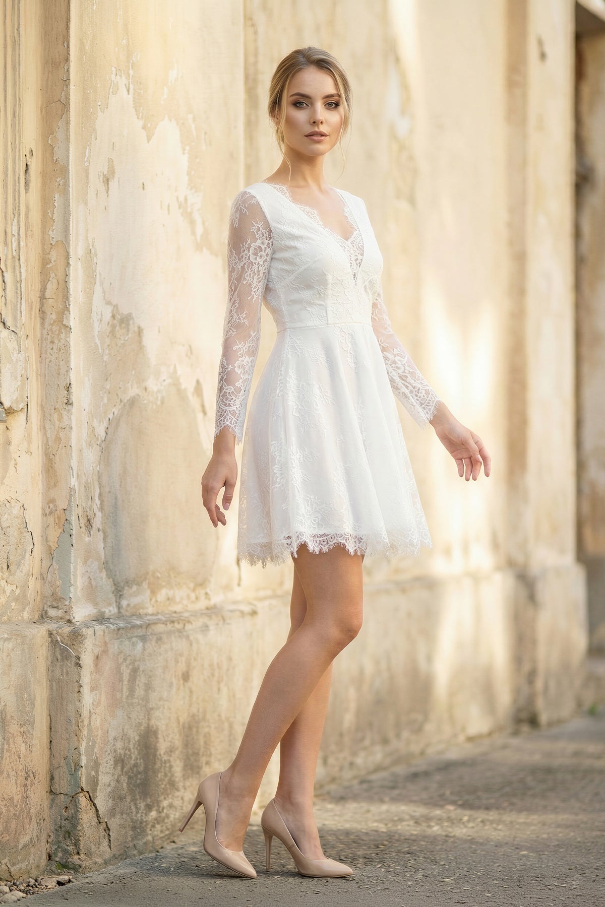 A Line V Neck Long Sleeves Lace Mini Wedding Dress