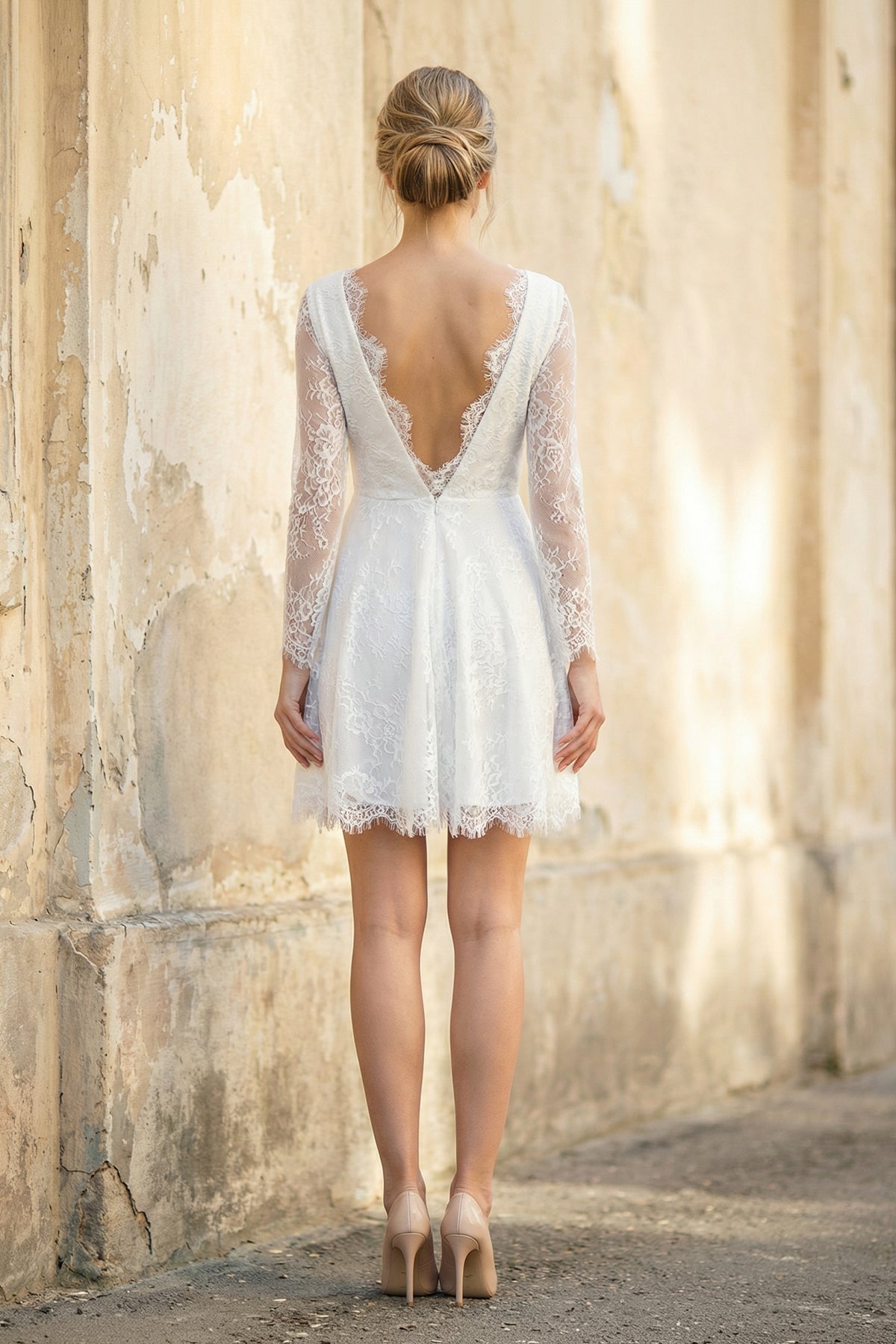 A Line V Neck Long Sleeves Lace Mini Wedding Dress