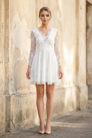A Line V Neck Long Sleeves Lace Mini Wedding Dress