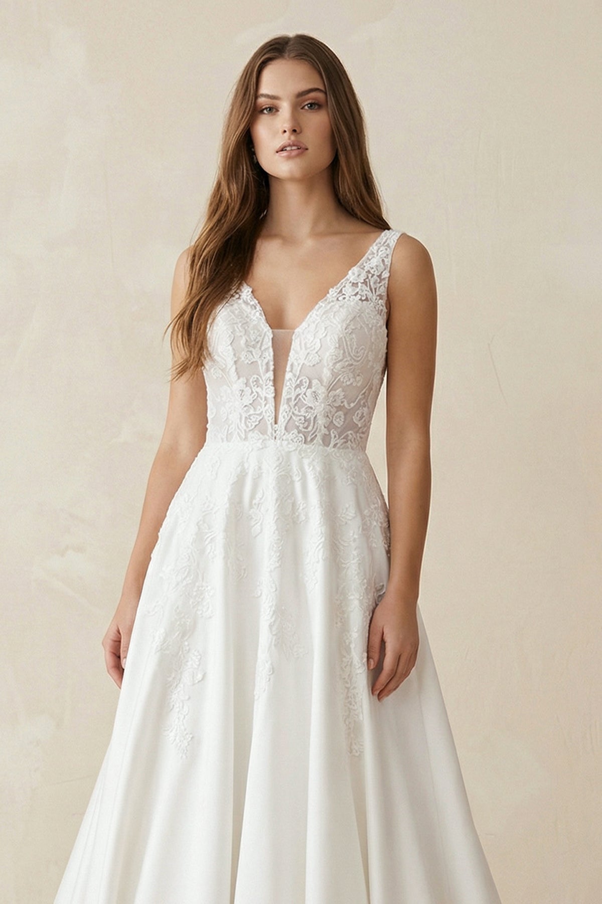 A Line V Neck Satin Wedding Dress With Appliques
