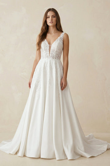 A Line V Neck Satin Wedding Dress With Appliques