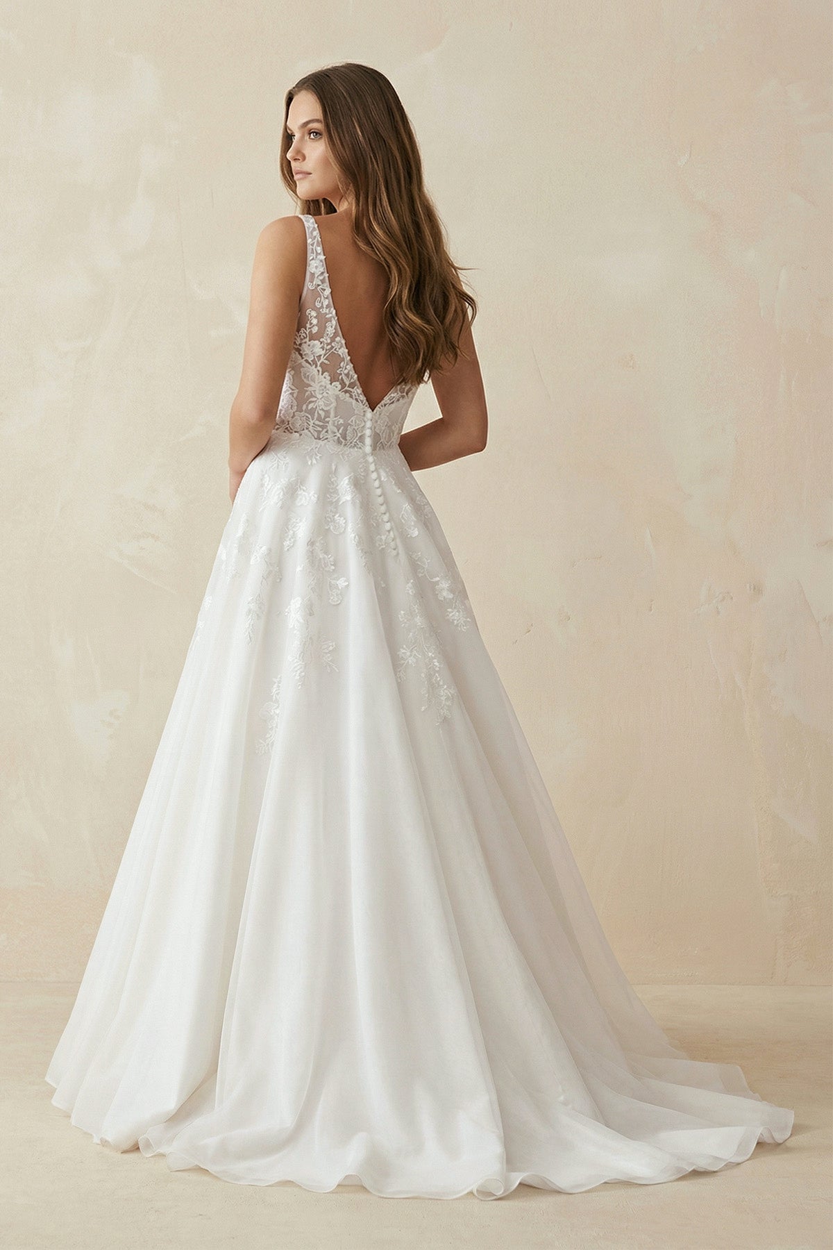 A Line V Neck Satin Wedding Dress With Appliques