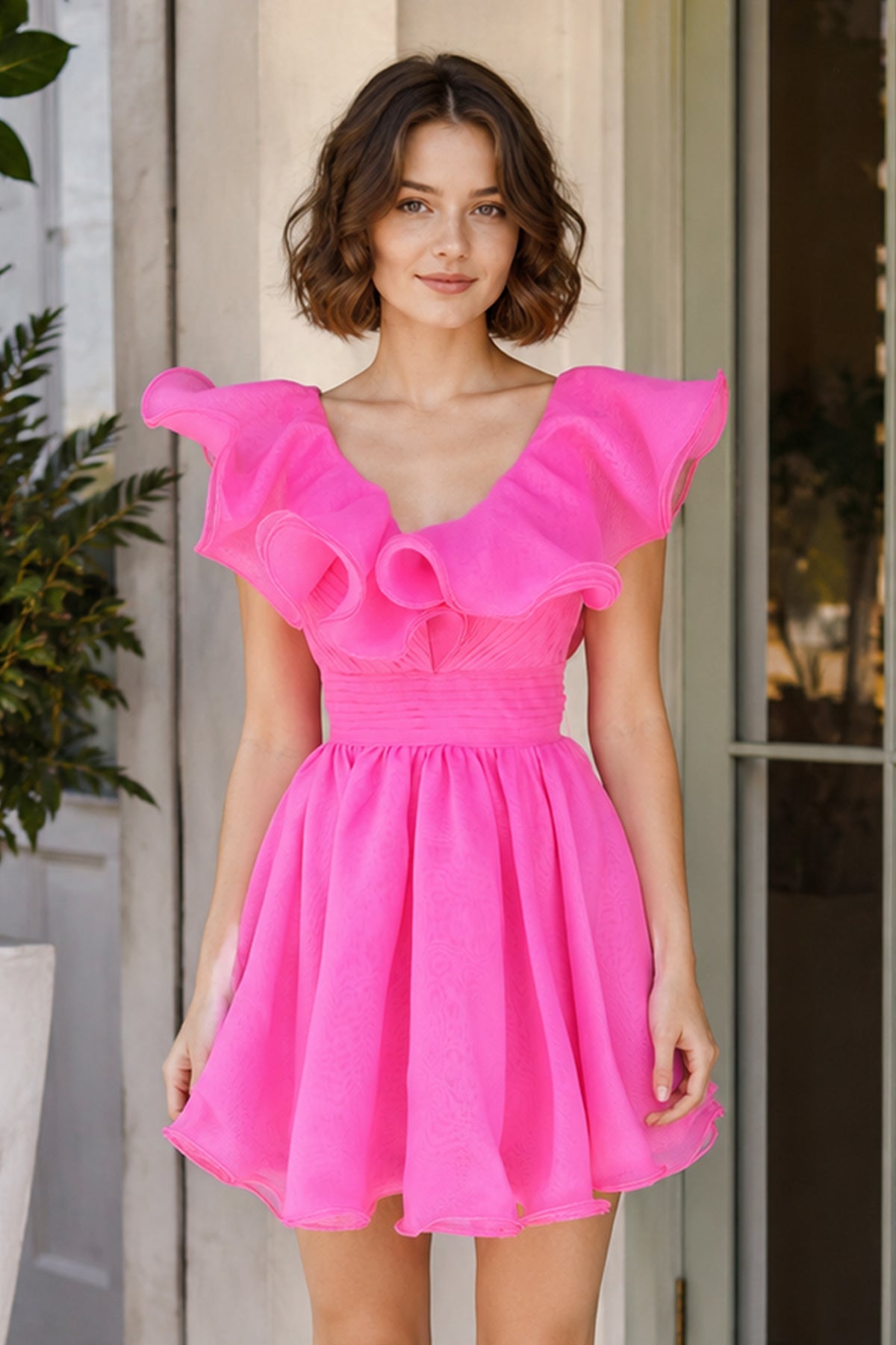A Line V Neck Organza Ruffles Homecoming Dress