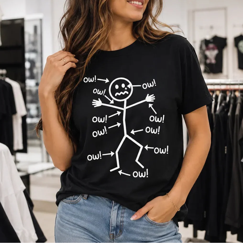 Achewear – Funny Ow! Stick Figure Graphic Tee. Relaxed Fit Cotton-like T-Shirt for Women & Men