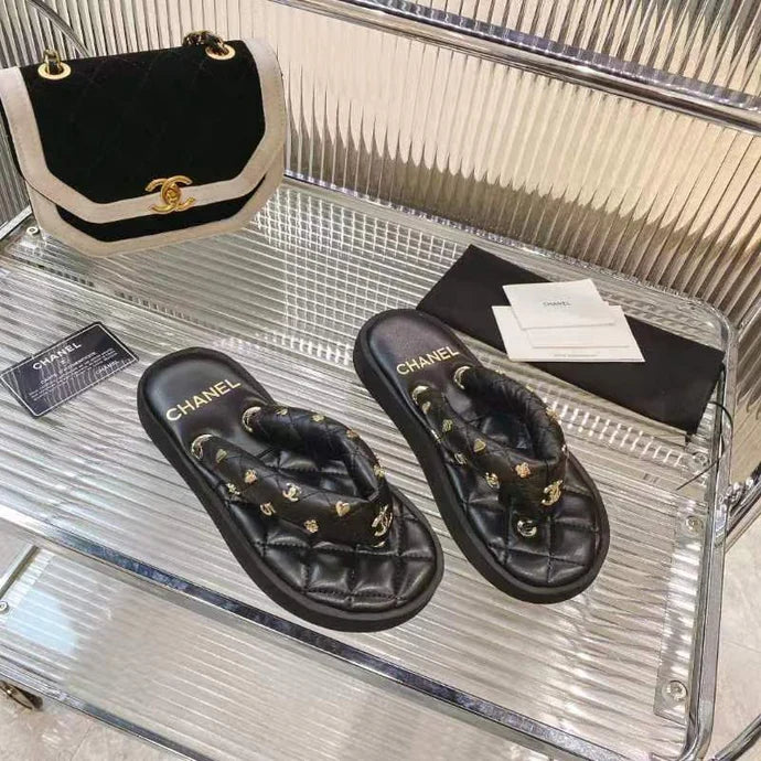 Chanel 2026 Thong Sandals Lambskin Leather Gold-Tone Charm Details 791138