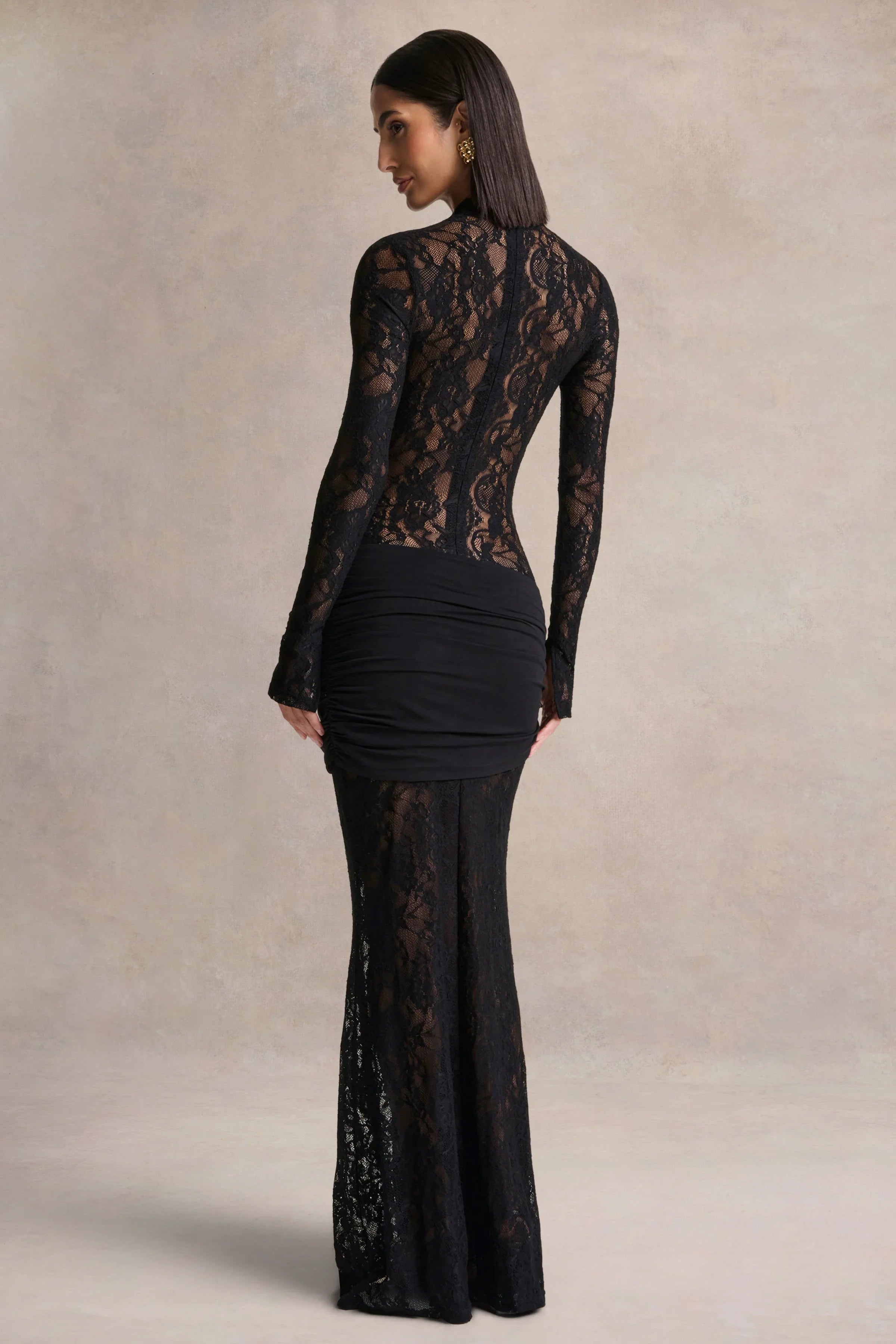 Akira | Black Sheer Lace Maxi Dress With Sash-Detail