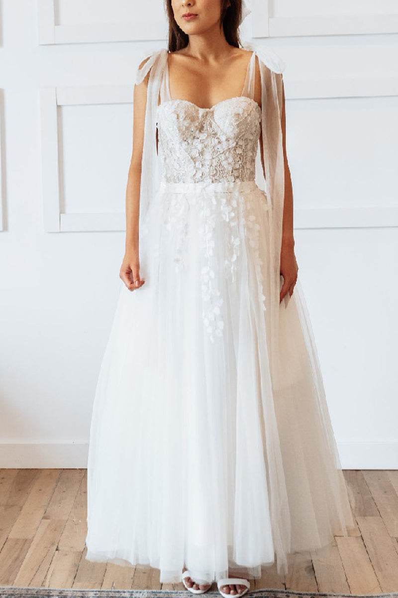 A-Line  Ankle Length  Lace Tulle  Little White Dress 100007