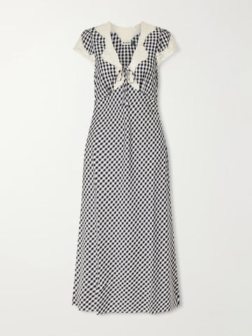 Amari bow-detailed lace-trimmed checked woven midi dress