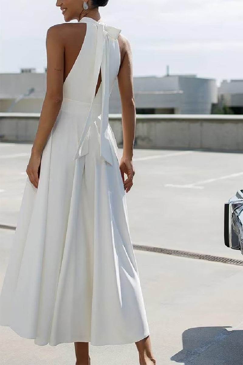A-Line Tea Length Elastic Cloth Little White Dress 100006
