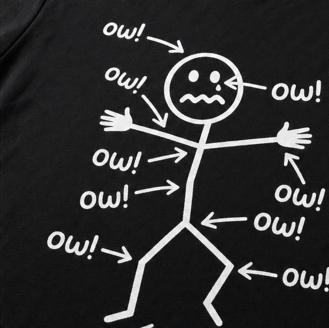 Achewear – Funny Ow! Stick Figure Graphic Tee. Relaxed Fit Cotton-like T-Shirt for Women & Men