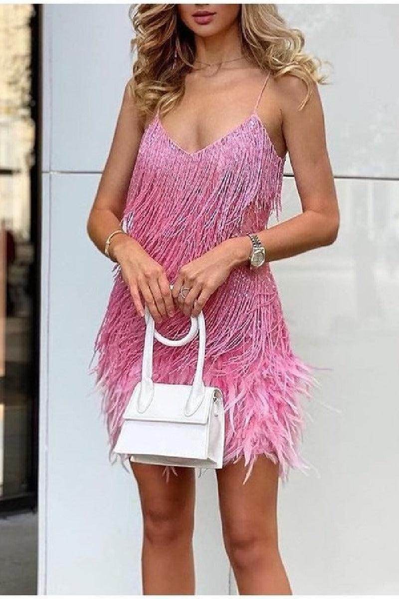 Fringed sequin sexy V-neck cocktail dress 715257715853
