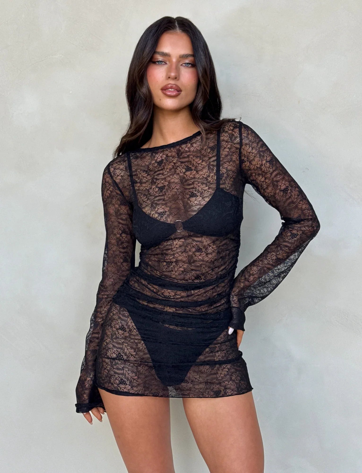 ALAYNA THREE PIECE MINI DRESS - BLACK : BLACK LACE
