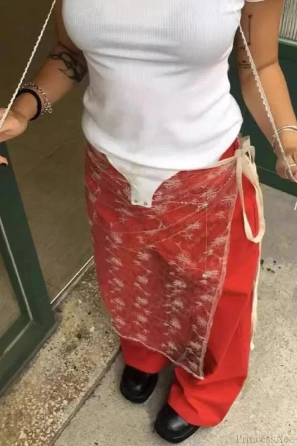 Aesthetic See Through Sequins Flower Lace Long Apron Skirt