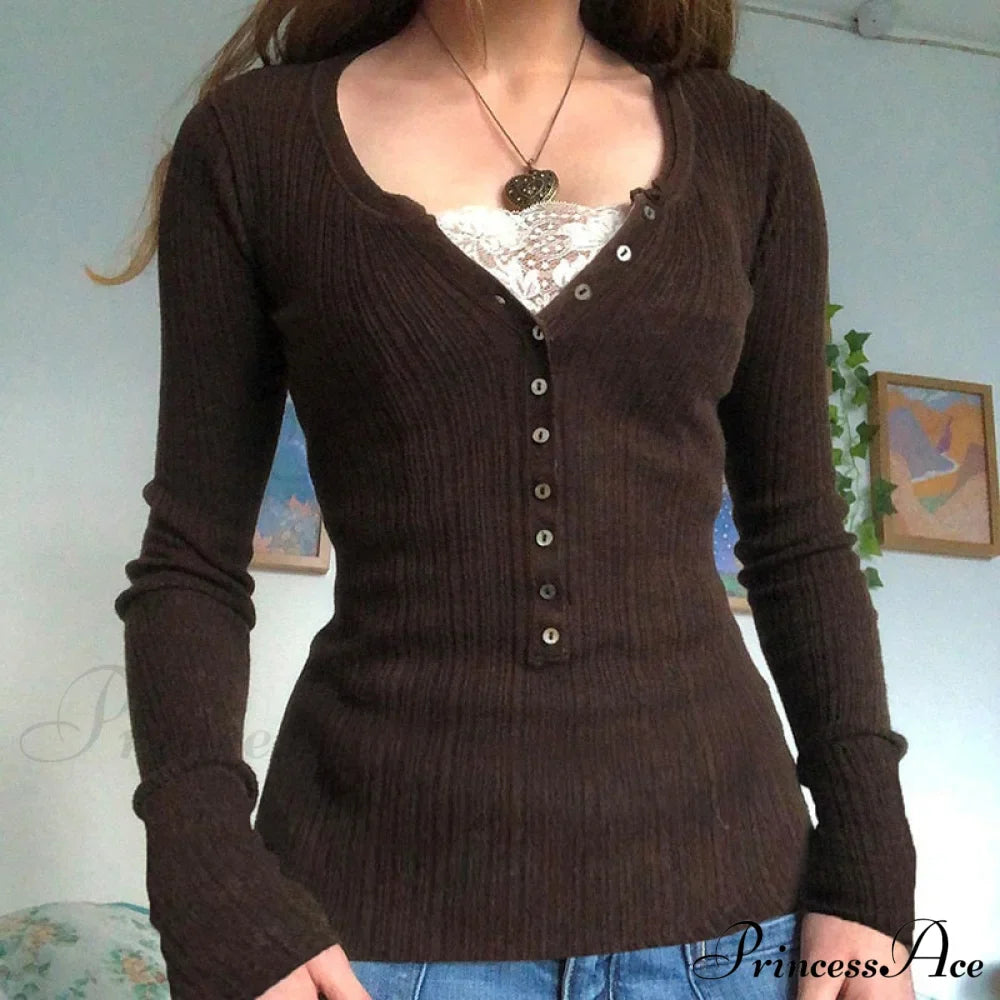 Aesthetic Up Ribbed Lace Arm Patchwork Retro Tops Y2k Skinny Casual Grunge Button Long Fairy Women T-shirt Blouse
