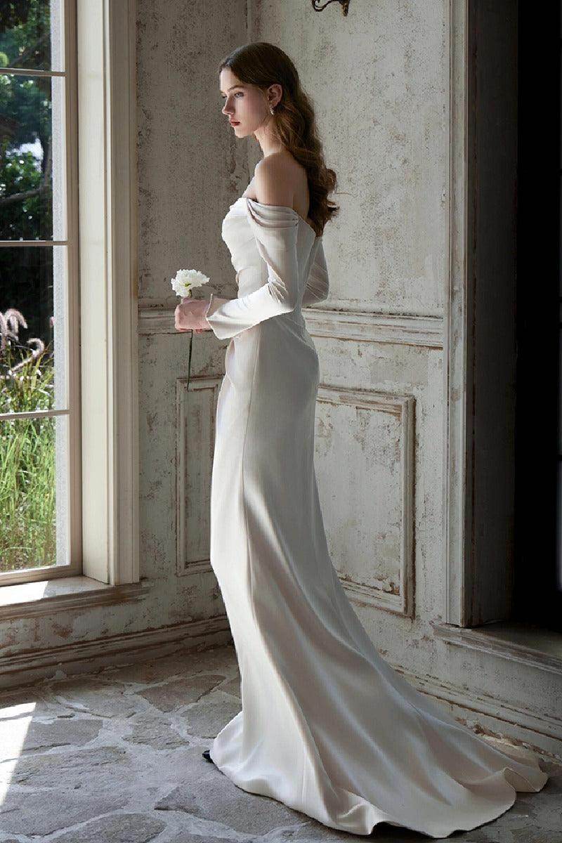 Sheath-Column Sweep-Brush Train Satin Wedding Dress 851237427674
