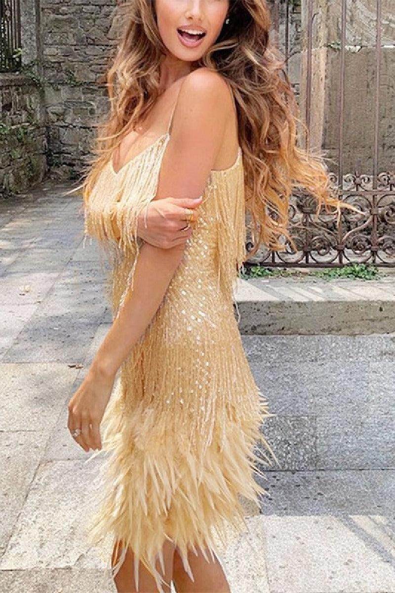 Fringed sequin sexy V-neck cocktail dress 715257715853