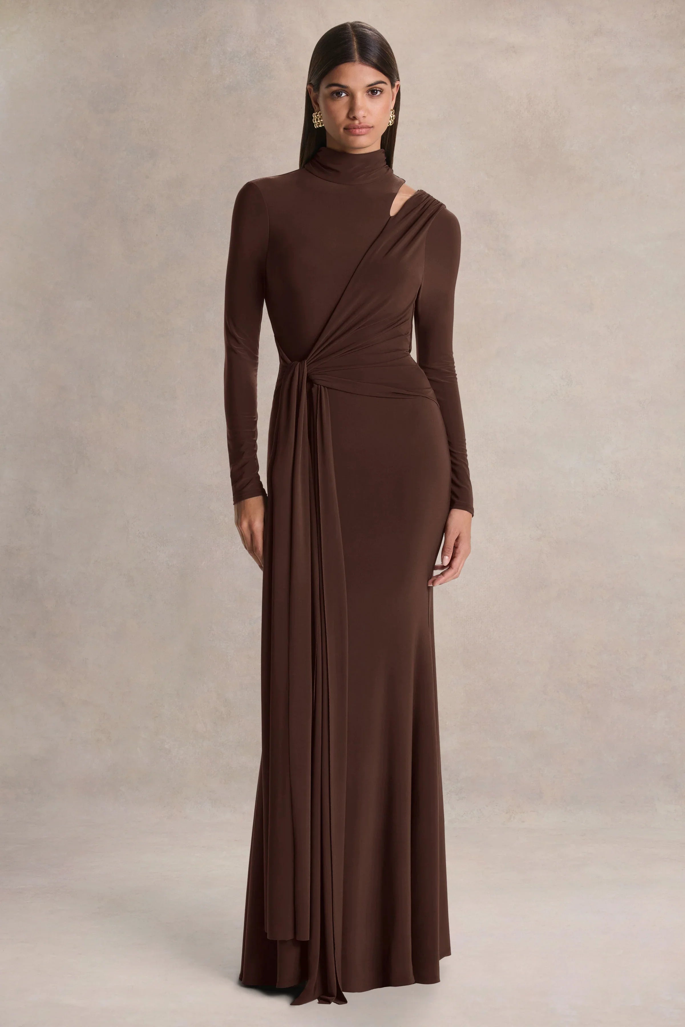Alastrina | Brown High-Neck Maxi Dress With Gathered-Detailing