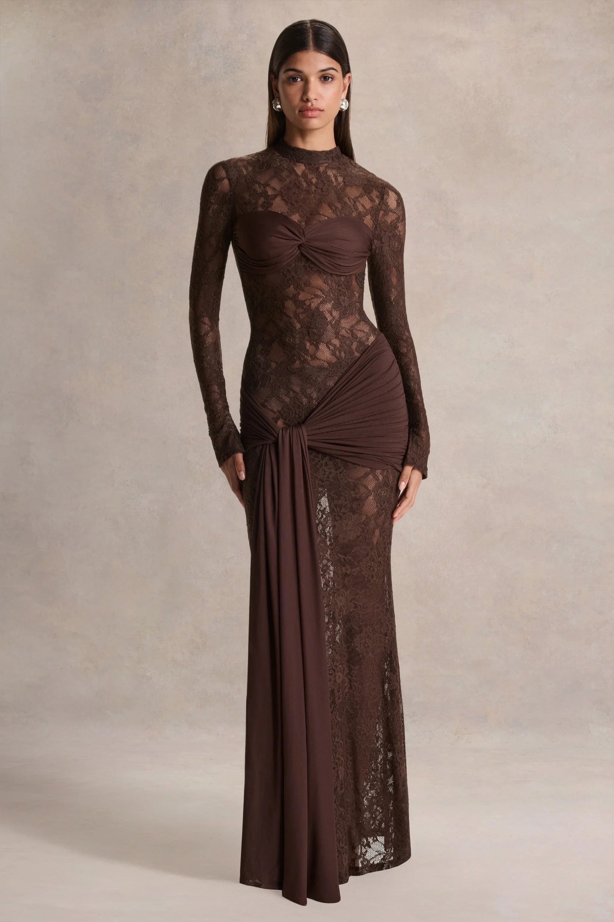 Akira | Brown Lace Maxi Dress With Sash-Detail