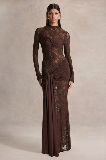 Akira | Brown Lace Maxi Dress With Sash-Detail
