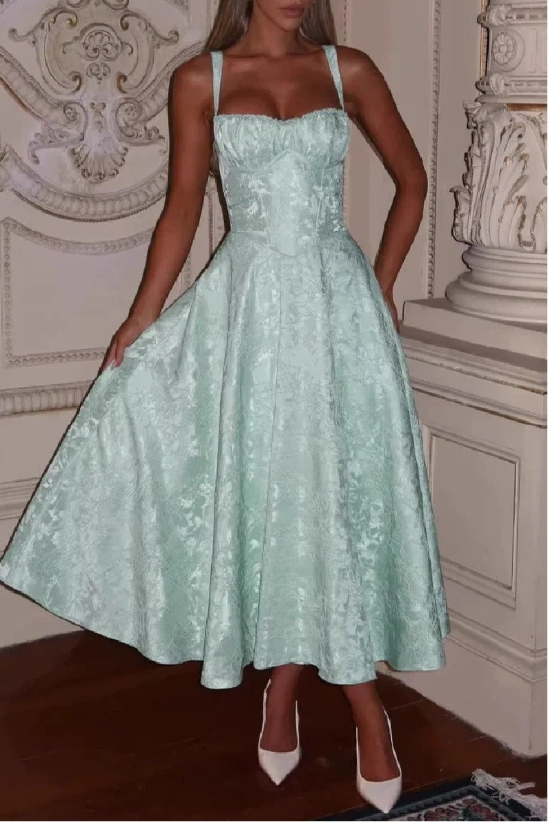 A-Line Tea Length Jacquard Satin Wedding Guest Dress 1038699395137