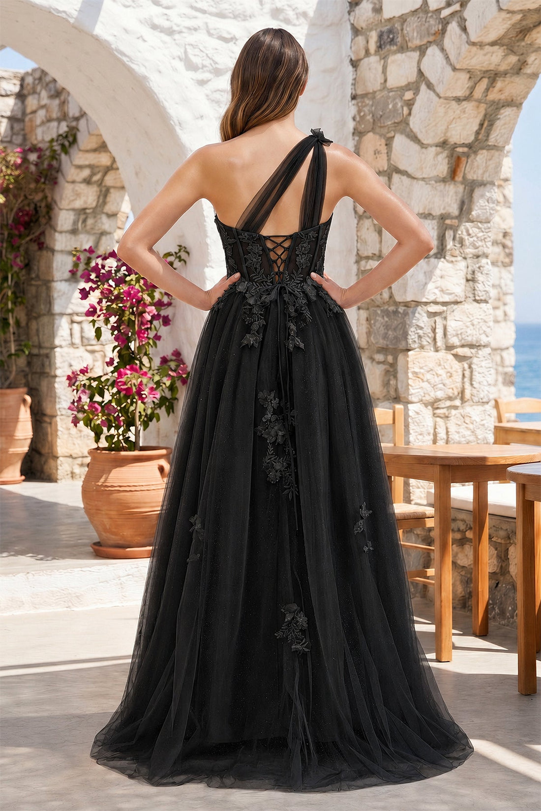 A Line One Shoulder Black Long Prom Dress with Appliques