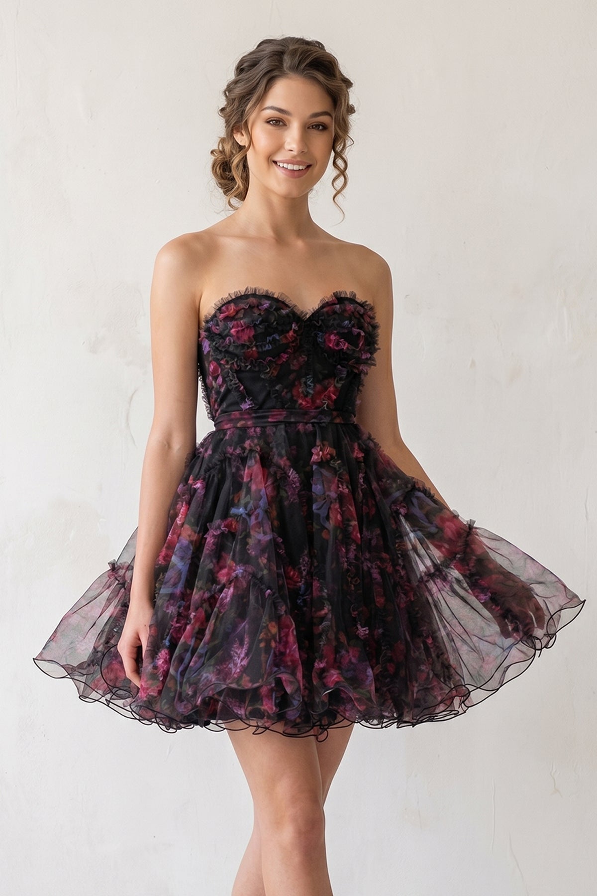 A Line Sweetheart Floral Homecoming Dress