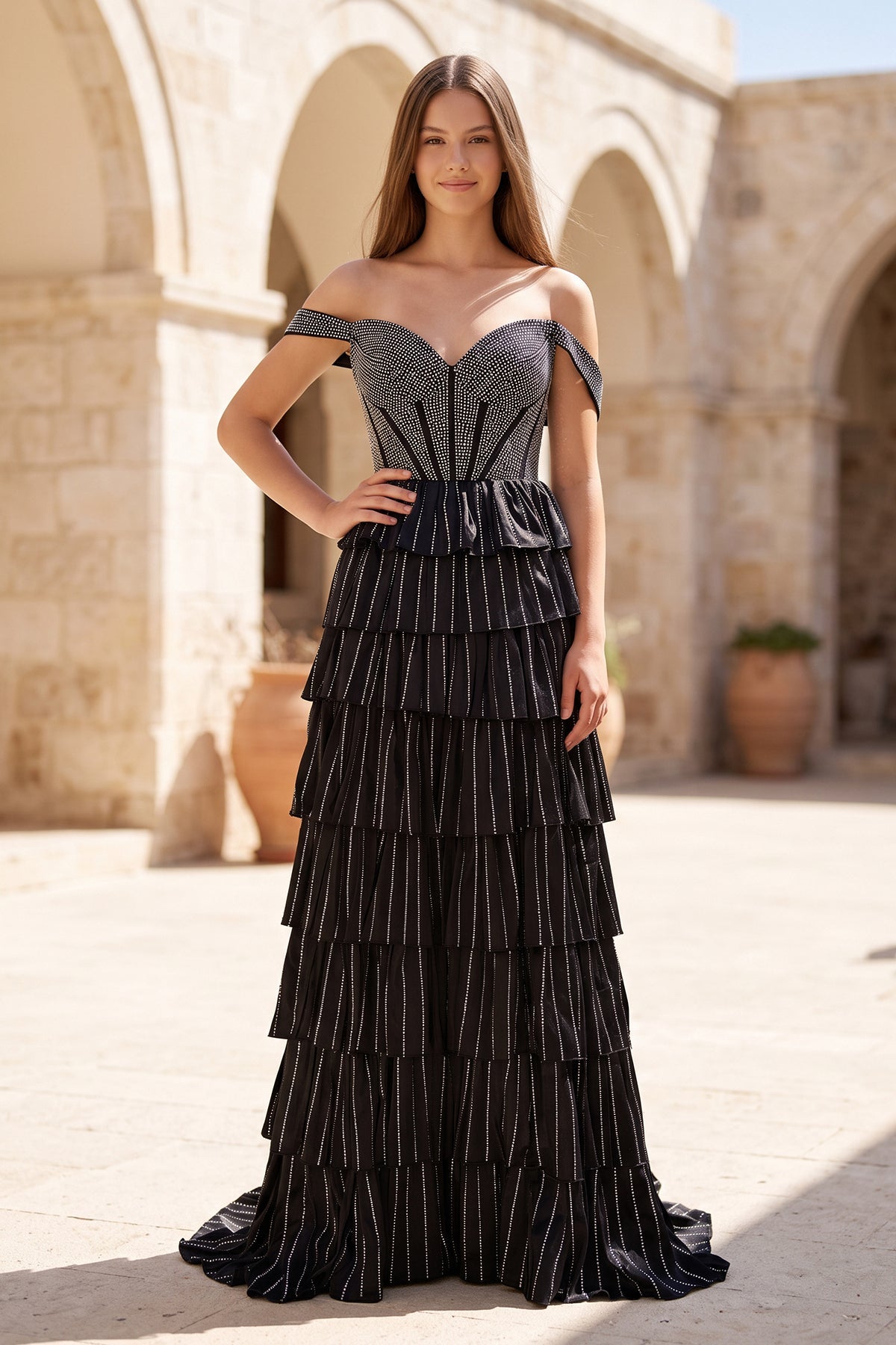 A Line Off-the-Shoulder Satin Tiered Long Prom Dresses With Beads