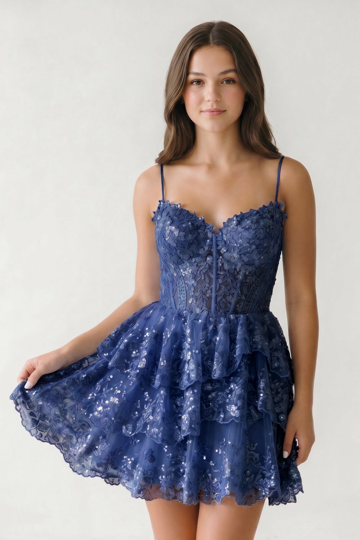A- Line Sky Blue Sequins Multi-Layers Short Homecoming Dress